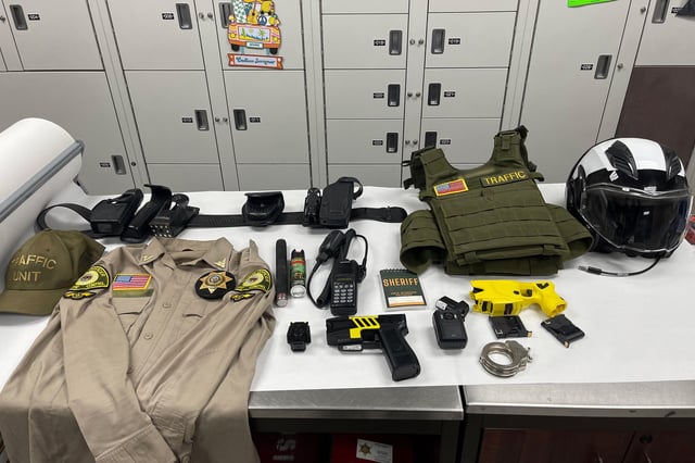 When conducting a search of the rider, police found law enforcement-style weapons, including a baton, a container of pepper spray, and two functional Tasers, officials said.