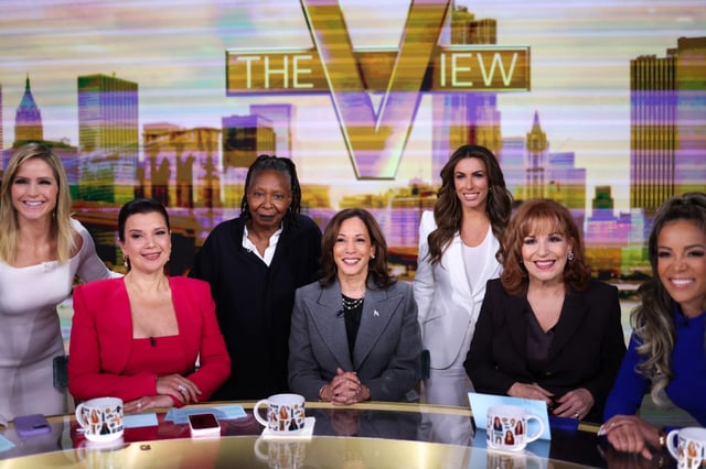 US Vice President and Democratic presidential nominee Kamala Harris (C) is pictured in studio at ABC during a break in the recording of the show &#34;The View&#34; with hosts (L-R) Sara Haines, Ana Navarro, Whoopi Goldberg, Alyssa Farah Griffin, Joy Behar and Sunny Hostin in New York on October 8, 2024. (Photo by CHARLY TRIBALLEAU/AFP via Getty Images)