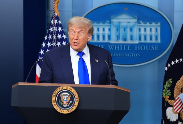 President Donald Trump can be seen speaking on recent Supreme Court rulings in the briefing room at the White House on June 27, 2025, in Washington, D.C. (Photo by Joe Raedle/Getty Images)
