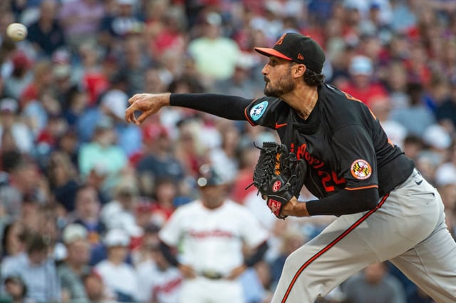 Baltimore Orioles starting pitcher Zach Eflin delivers against the Cleveland Guardians during the fifth inning of a baseball game, Wednesday, July 23, 2025, in Cleveland. (AP Photo/Phil Long)