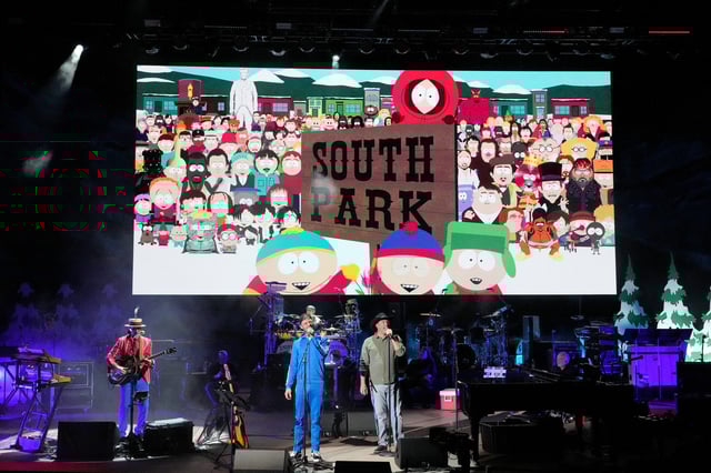 Matt Stone and Trey Parker perform onstage with Primus and Ween during South Park The 25th Anniversary Concert at Red Rocks Amphitheatre on August 09, 2022 in Morrison, Colorado.