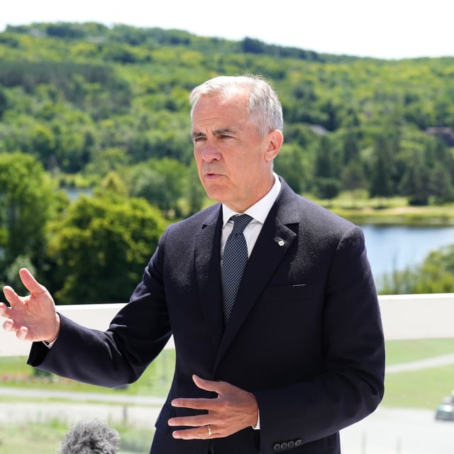 Canadian Prime Minister Mark Carney speaks to the media during the 2025 summer meetings of Canada’s Premiers at Deerhurst Resort in Huntsville, Ont., on Tuesday, July 22, 2025. THE CANADIAN PRESS/Nathan Denette