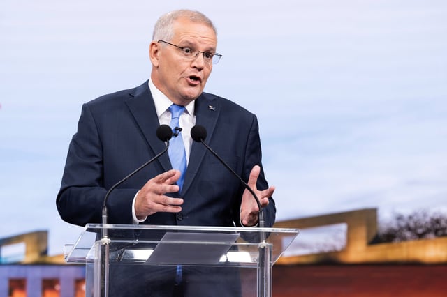 Australian incumbent Prime Minister Scott Morrison speaks during the second leaders' debate of the 2022 federal election campaign at the Nine studio in Sydney, Australia May 8, 2022. Alex Ellinghausen/Pool via REUTERS/File Photo