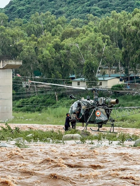 In Rajouri’s Nowshera, the army pressed into service a helicopter to rescue a minor boy from a swollen river. The Nagrota-based White Knight Corps took to X and relayed the information. (ANI)