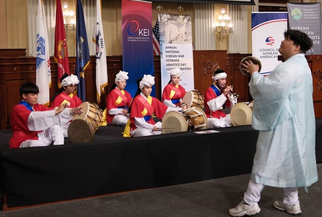 Samulnori, a Korean traditional percussion music performance, is in progress during the National Korean War Veterans Armistice Day commemoration event at the U.S. Capitol in Washington, D.C., on July 23, 2025. (Yonhap)