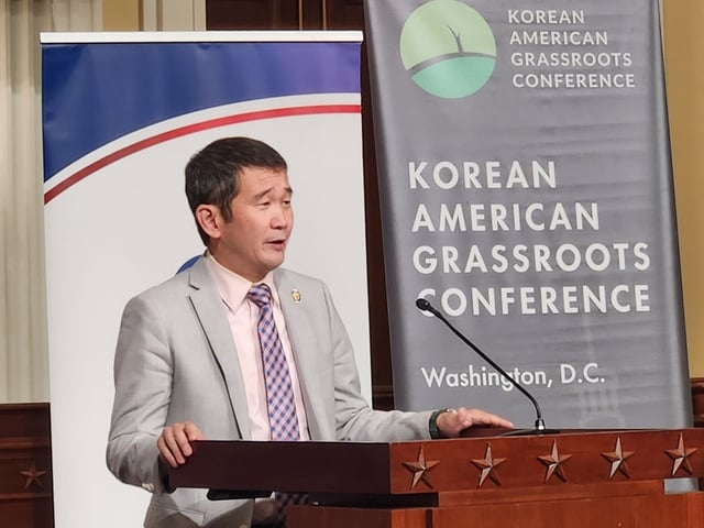 Rep. Dave Min (D-CA) speaks during the National Korean War Veterans Armistice Day commemoration event at the U.S. Capitol in Washington, D.C., on July 23, 2025. (Yonhap)