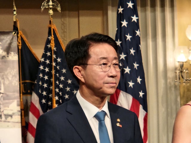 Rep. Cho Jeong-sik of South Korea's ruling Democratic Party speaks during the National Korean War Veterans Armistice Day commemoration event at the U.S. Capitol in Washington, D.C., on July 23, 2025. (Yonhap)