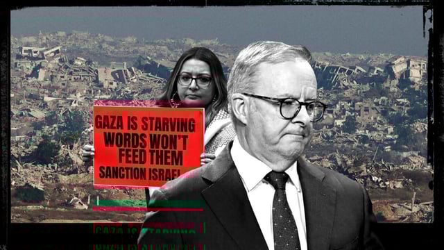 Mehreen Faruqi, Anthony Albanese and damaged buildings in northern Gaza (Image: Reuters/AAP/Private Media)