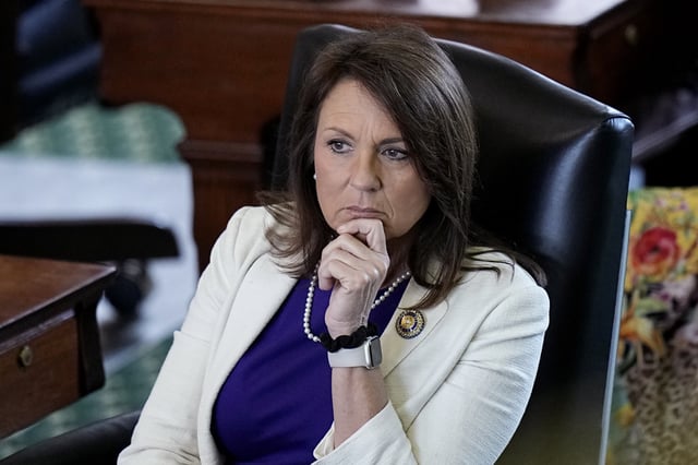 FILE - Texas state Sen. Angela Paxton, R-McKinney, wife of impeached state Attorney General Ken Paxton, sits in the Senate Chamber at the Texas Capitol in Austin, Texas, May 29, 2023. (AP Photo/Eric Gay, File)