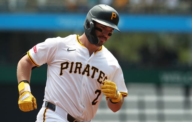 Jul 23, 2025; Pittsburgh, Pennsylvania, USA;  Pittsburgh Pirates first baseman Spencer Horwitz (2) circles the bases on a grand slam home run against the Detroit Tigers during the second inning at PNC Park. Mandatory Credit: Charles LeClaire-Imagn Images