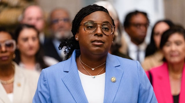 Rep. LaMonica Mciver speaks to reporters at the U.S. Capitol on June 25, 2025. Photo: Eric Lee/Bloomberg via Getty Images