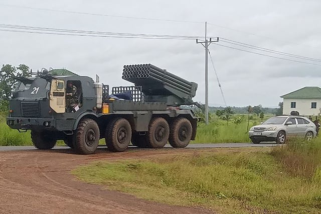 A Cambodian BM-21 multiple rocket launcher returns from the Cambodia-Thai border as Cambodian and Thai troops exchanged fire in a new round of clashes in Preah Vihear province on July 24, 2025.