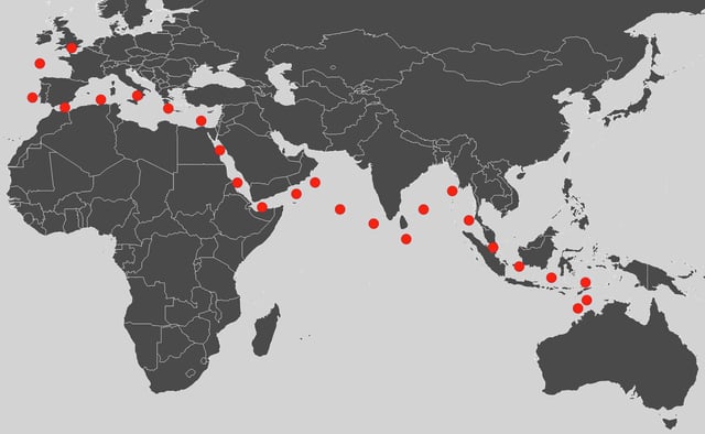 A map shows British aircraft carrier HMS Prince of Wales&#39;s voyage from Europe to Asia.