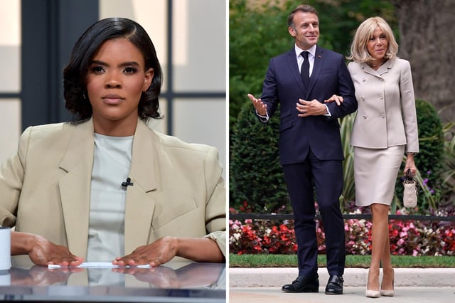 L: Candace Owens is seen on set of &#34;Candace&#34; on April 19, 2022 in Nashville, Tennessee. R: French President Emmanuel Macron and his wife Brigitte Macron arrive at Downing Street on July 9, 2025 in London, England.