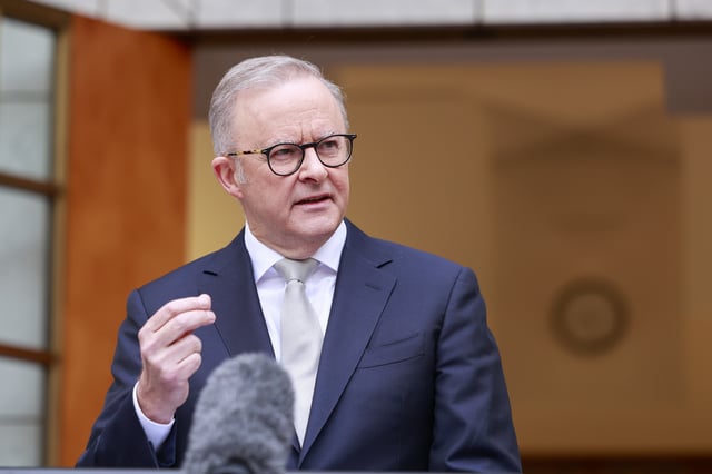 CANBERRA, AUSTRALIA - MARCH 28: Prime Minister of Australia, Anthony Albanese addresses the media at Parliament House on March 28, 2025 in Canberra, Australia.  Australian Prime Minister Anthony Albanese was expected to call the federal election on Friday, following a delay caused by Cyclone Alfred and the presentation of the budget. The announcement will likely set the stage for a fierce campaign period, with Australians heading to the polls in the coming weeks to decide the country&#39;s political future. (Photo by Hilary Wardhaugh/Getty Images)