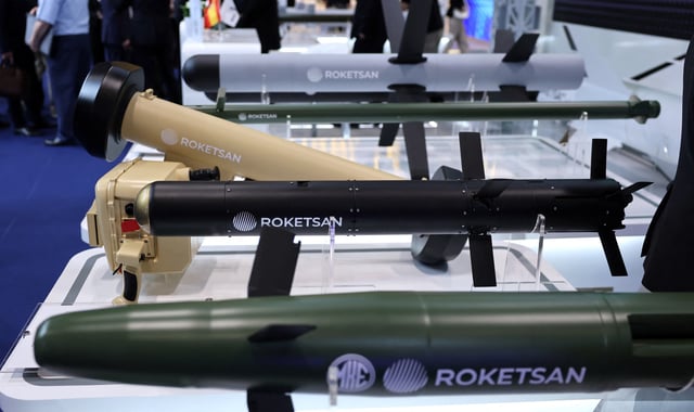 Short and long range anti-tank missiles, manufactured by Turkish company Roketsan, are displayed during the International Defence and Security Fair (FEINDEF) in Madrid, May 12, 2025.
