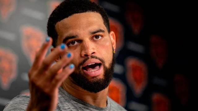 Quarterback Caleb Williams speaks Tuesday, July 22, 2025, as the Chicago Bears report to training camp at Halas Hall in Lake Forest, Illinois. (Brian Cassella/Chicago Tribune/TNS)