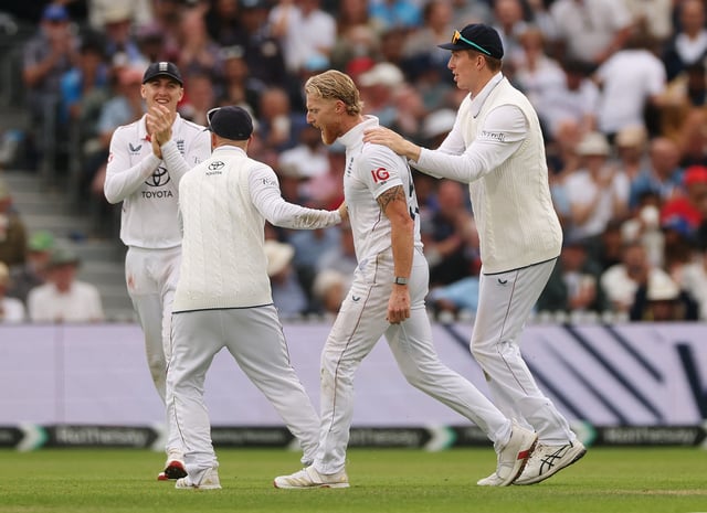 Cricket - International Test Match Series - Fourth Test - England v India - Old Trafford Cricket Ground, Manchester, Britain - July 23, 2025 England's Ben Stokes celebrates with teammates after taking the wicket of India's Sai Sudharsan Action Images via Reuters/Lee Smith/File Photo