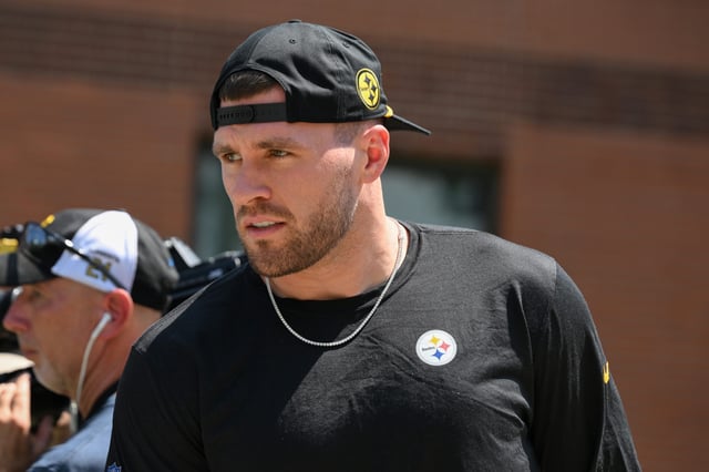 Jul 23, 2025; Latrobe, PA, USA; Pittsburgh Steelers linebacker T.J. Watt arrives to training camp at Saint Vincent College. Mandatory Credit: Barry Reeger-Imagn Images