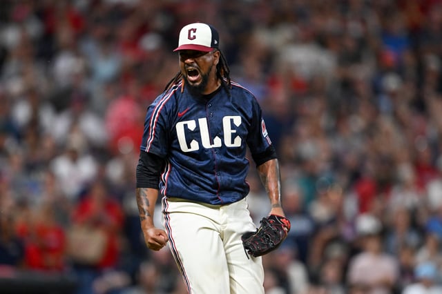 CLEVELAND, OHIO - JULY 18: Emmanuel Clase #48 of the Cleveland Guardians celebrates the team&#39;s 8-6 win over the Athletics at Progressive Field on July 18, 2025 in Cleveland, Ohio.