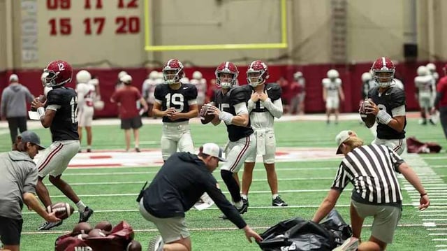 Alabama quarterbacks during practice on March 31.