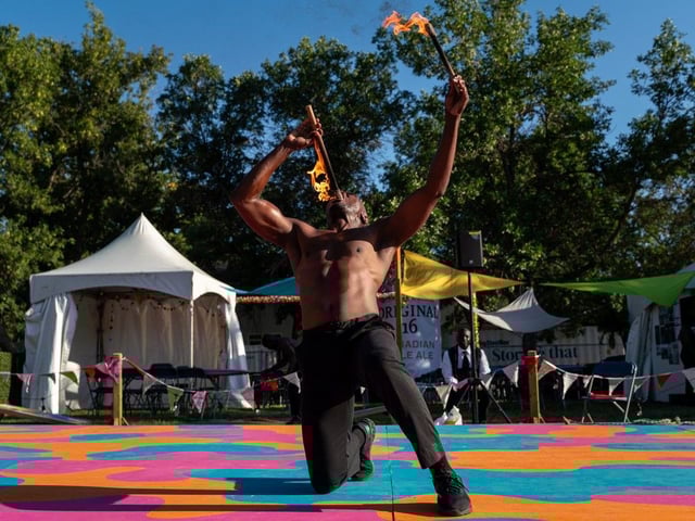 Jambo Brothers, an acrobatic troupe from Nairobi, Kenya, perform during the first day of Fringe Festival at W.E. Graham Park in Saskatoon, Aug. 1, 2024.