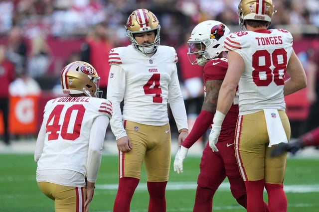 San Francisco 49ers place kicker Jake Moody (4) reacts after missing a field goal attempt against the Arizona Cardinals during the first half of an NFL football game in Glendale, Ariz., Sunday, Jan. 5, 2025. (AP Photo/Ross D. Franklin)