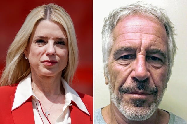 Pam Bondi, U.S. Attorney General, during a press conference at Port Everglades on April 09, 2025 in Fort Lauderdale, Florida (left) and the 2019 mug shot of Jeffrey Epstein (right).