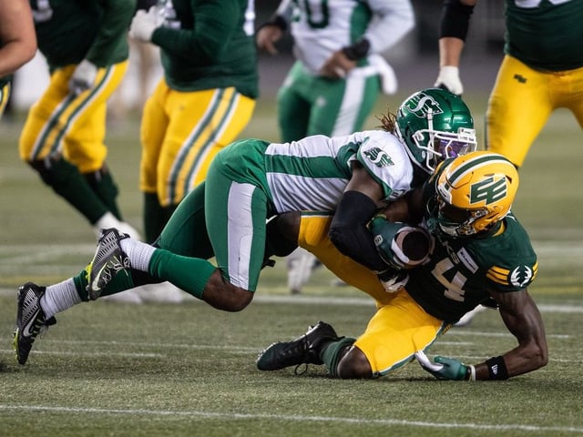 The Saskatchewan Roughriders are shown taking on the Edmonton Elks during CFL action in Edmonton on Oct. 5, 2024.
