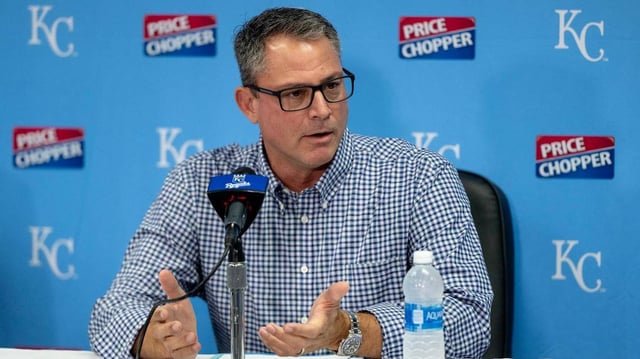 Kansas City Royals general manager J.J. Picollo speaks during a press conference at Kauffman Stadium on Tuesday, Oct. 3, 2023, in Kansas City.