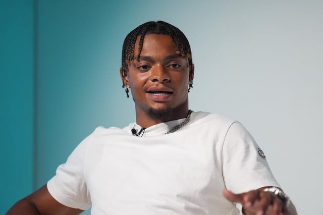Justin Fields hosts &#34;Talk To Your Game&#34; for SportFX at Lume Studios on July 18, 2025 in New York City.