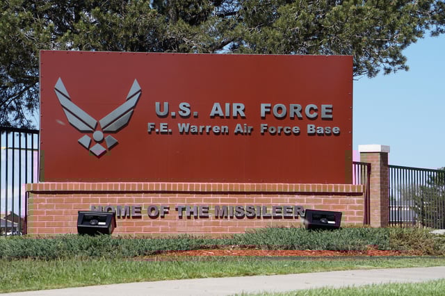 FILE - This May 24, 2108, file photo shows the entrance to F.E. Warren Air Force Base in Cheyenne, Wyo. (AP Photo/Mead Gruver, File)