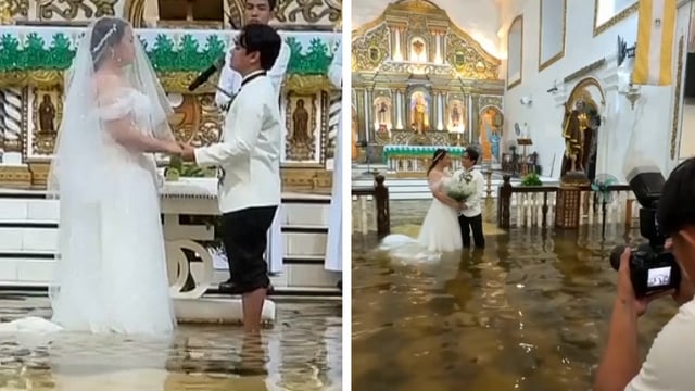 Couple holding in hands in a church