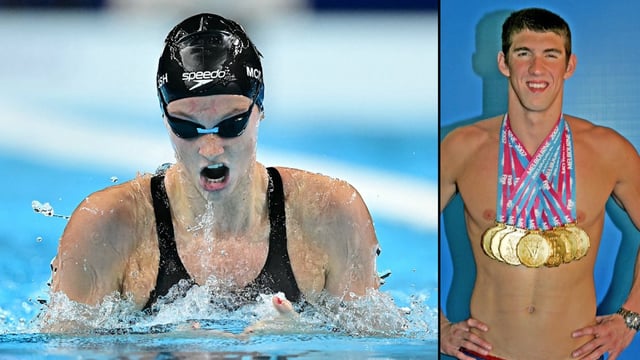 On Sunday in Singapore, McIntosh will attempt something that only Phelps, right, has ever managed: winning five individual events at a single world championships