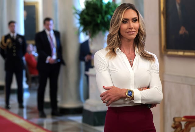 Lara Trump, former co-chair of the Republican National Committee, attends the signing ceremony for the “GENIUS Act” in the East Room of the White House July 18, 2025 in Washington, DC.