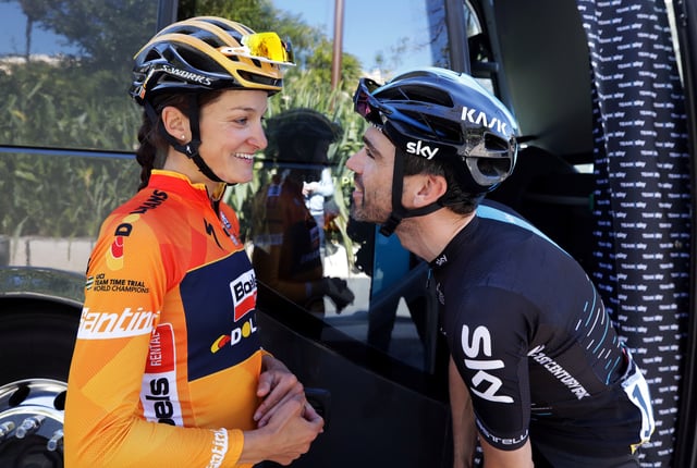 British cyclist Lizzie Armitstead-Deignan talks with her husband Sky rider Philip Deignan before the start of the 7th stage of Paris Nice cycling race, in Nice, France March 11, 2017.              REUTERS/Eric Gaillard/File Photo