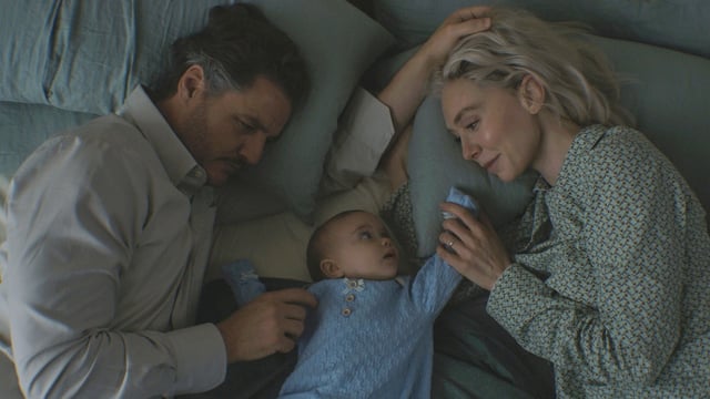 This image released by Disney shows Pedro Pascal, from left, Ada Scott and Vanessa Kirby in a scene from The Fantastic Four: First Steps. (Marvel/Disney via AP)