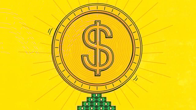 Illustration of a large golden coin with a dollar sign ($) in the center, radiating light like the sun. The coin is positioned above a stack of green dollar bills