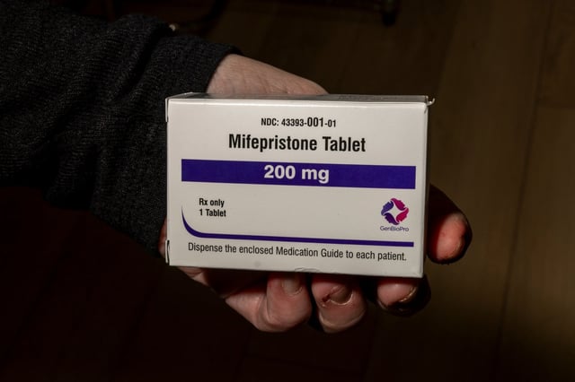 In this photo illustration, A packet of Mifepristone is seen at Wyoming's last abortion clinic, Wellspring Center March 10, 2025 in Casper, Wyoming.