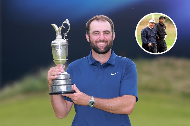 Image Collage of Tiger Woods and his former coach Butch Harmon during the 1999 British Open and Scottie Scheffler with the Claret Jug at the 2025 Open Championship. (Image Credits: Getty Images)