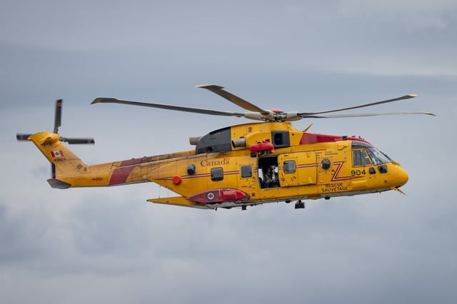A Canadian Forces CH-149 Cormorant is shown flying over Vancouver, B.C., on Sunday, Nov. 10, 2024. THE CANADIAN PRESS/Ethan Cairns