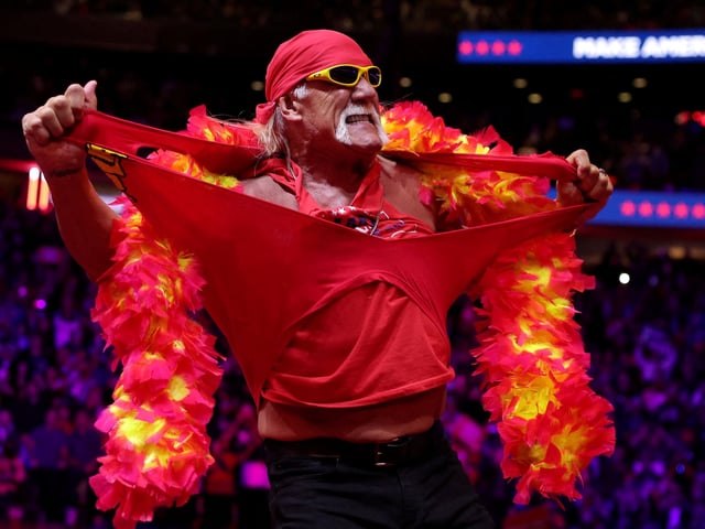 FILE PHOTO: Hulk Hogan tears his shirt during a rally for Republican presidential nominee and former U.S. President Donald Trump, at Madison Square Garden, in New York City, U.S.  October 27, 2024. REUTERS/Carlos Barria/File Photo
