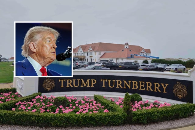 Main: A general view of Trump Turnberry golf course in Turnberry, Scotland, Wednesday, July 23, 2025.
Inset: President Donald Trump speaks during an AI summit at the Andrew W. Mellon Auditorium, Wednesday, July 23, 2025, in Washington.