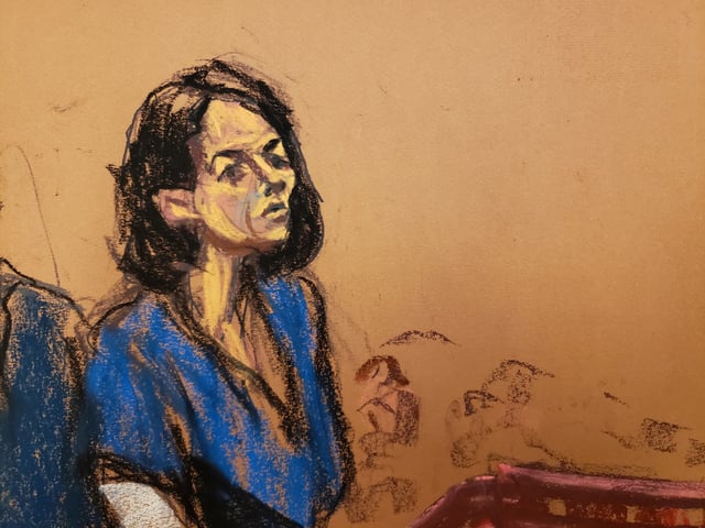Jeffrey Epstein associate Ghislaine Maxwell stands at the podium to address Judge Alison Nathan during her sentencing in a courtroom sketch in New York City, U.S. June 28, 2022. Maxwell was convicted on December 29, 2021 on five of the six counts she faced for helping the late financier and convicted sex offender Jeffrey Epstein sexually abuse underage girls.  REUTERS/Jane Rosenberg/File Photo