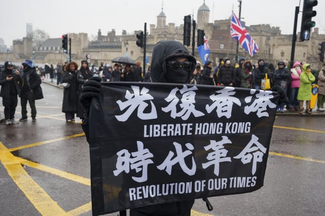 Anti-government messages during the protest against the Chinese Communist party (CCP) by nearly 30 human rights groups, including Hong Kongers, Tibetans, Uyghurs, Taiwanese, and Chinese allies , at the future site of the new Chinese embassy at Royal Mint Court,in London in Febrary.  (Photo by Richard Baker / In Pictures via Getty Images)