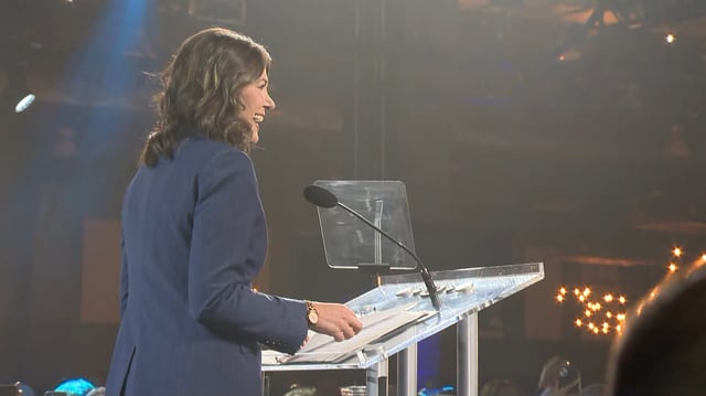 UCP Leader Danielle Smith takes the stage to speak to her supporters following the party's victory in the 2023 Alberta provincial election.