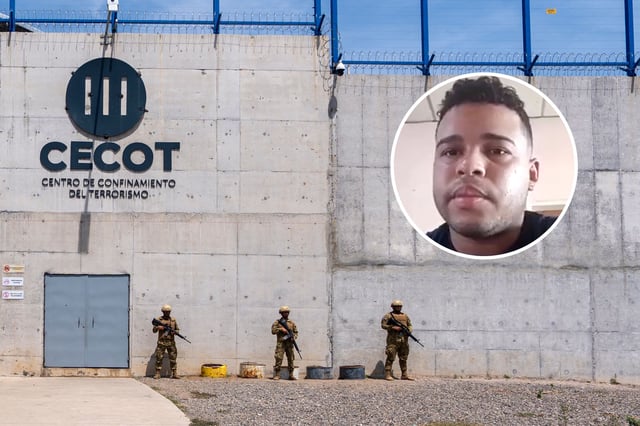 Soldiers stand guard as unseen US Secretary of Homeland Security Kristi Noem tours the Terrorist Confinement Center (CECOT) in Tecoluca, El Salvador, on March 26, 2025.