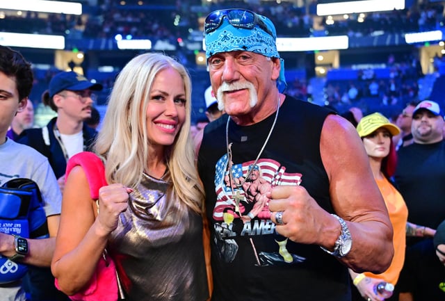 Terry &#34;Hulk Hogan&#34; Bollea poses with wife Sky Daily during the Jake Paul vs Mike Perry main event at Amalie Arena on July 20, 2024 in Tampa, Florida.