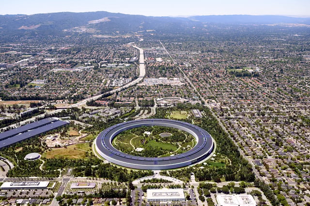 FILE: Apple Park, Apple’s circular HQ office building, is seen in an aerial view over Cupertino, Calif., on May 16, 2024. An investigation into a burglary into Cupertino led law enforcement to bust an identity theft ring, officials said.