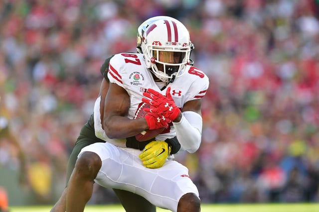 Jan 1, 2020; Pasadena, California, USA; Wisconsin Badgers wide receiver Quintez Cephus (87) makes a catch against the Oregon Ducks in the second quarter during the 106th Rose Bowl game at Rose Bowl Stadium. Mandatory Credit: Gary A. Vasquez-USA TODAY Sports/File Photo
